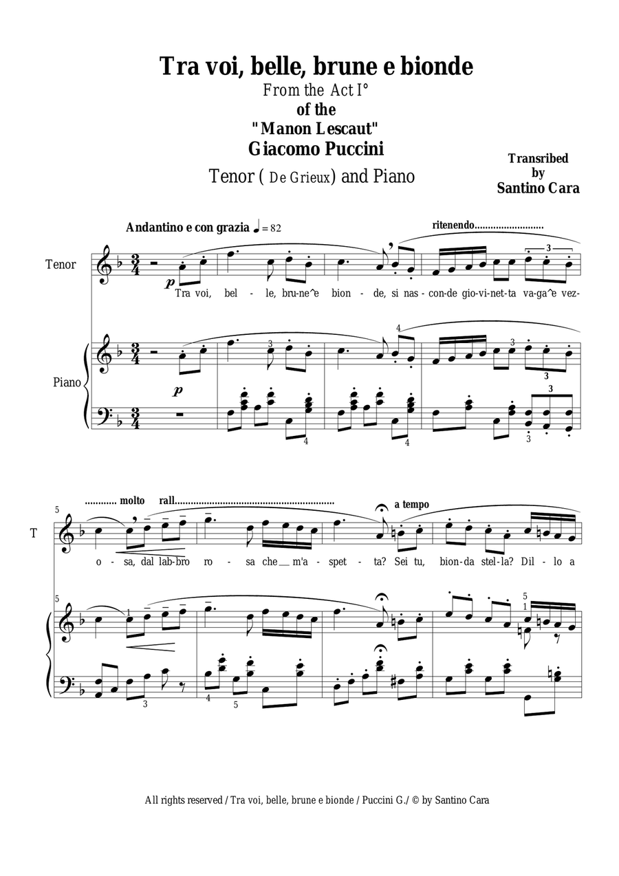 Puccini - Manon Lescaut (Act 1) Tra voi, belle, brune e bionde - Tenor and Piano Tenor Voice scores gallery preview page 1