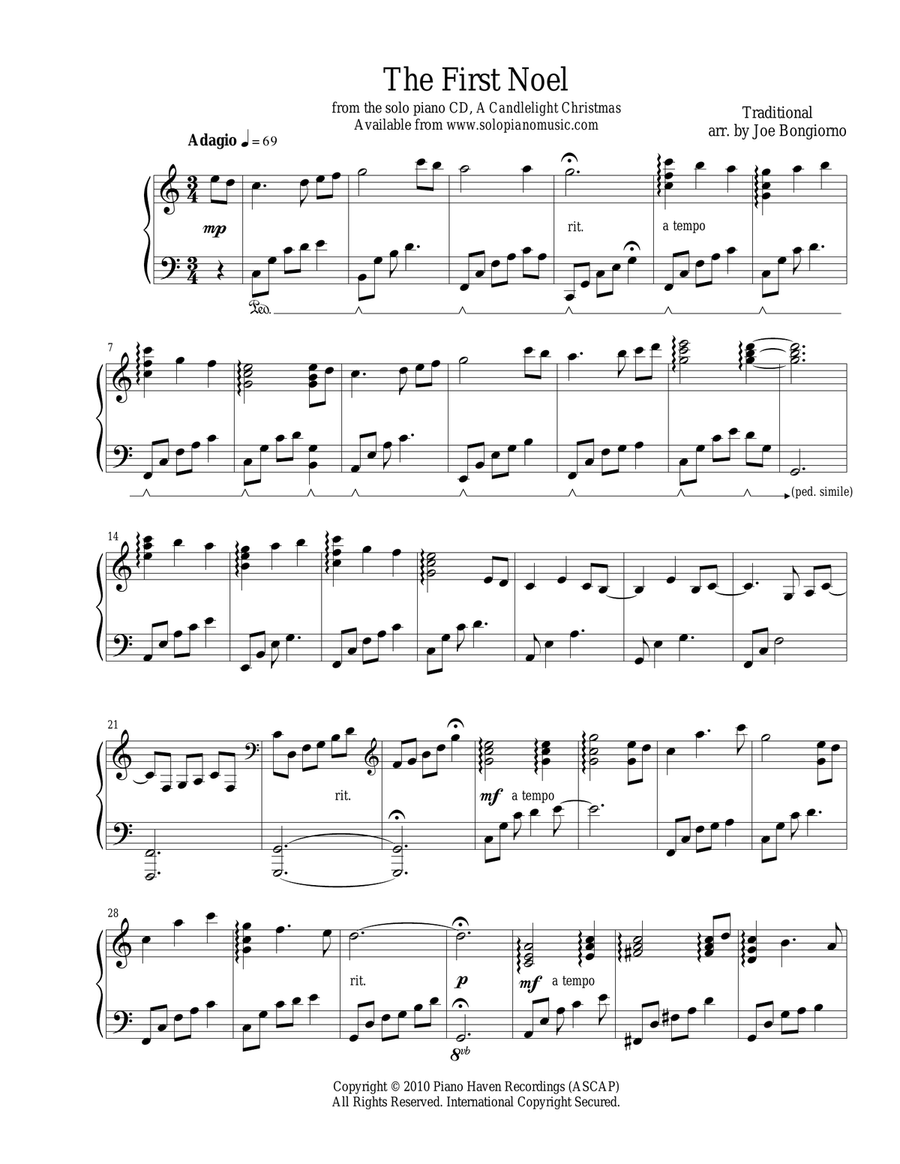 The First Noel - traditional Christmas - by Joe Bongiorno Piano Solo scores gallery preview page 1