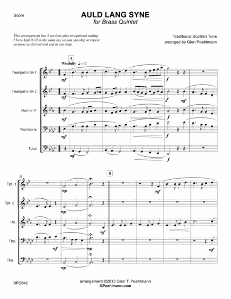 AULD LANG SYNE arranged for BRASS QUINTET Brass Quintet scores gallery preview page 1