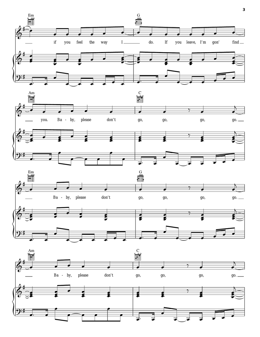 Please Don't Go Piano, Vocal, Guitar scores gallery preview page 3