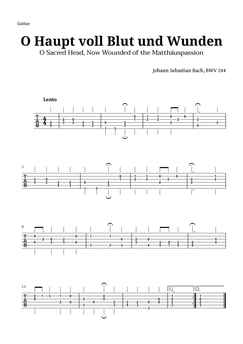 Sacred Head, Now Wounded by Bach for Guitar TAB image number null