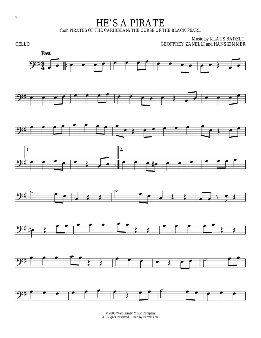 He's A Pirate (from Pirates Of The Caribbean: The Curse of the Black Pearl) Cello Solo scores gallery preview page 1