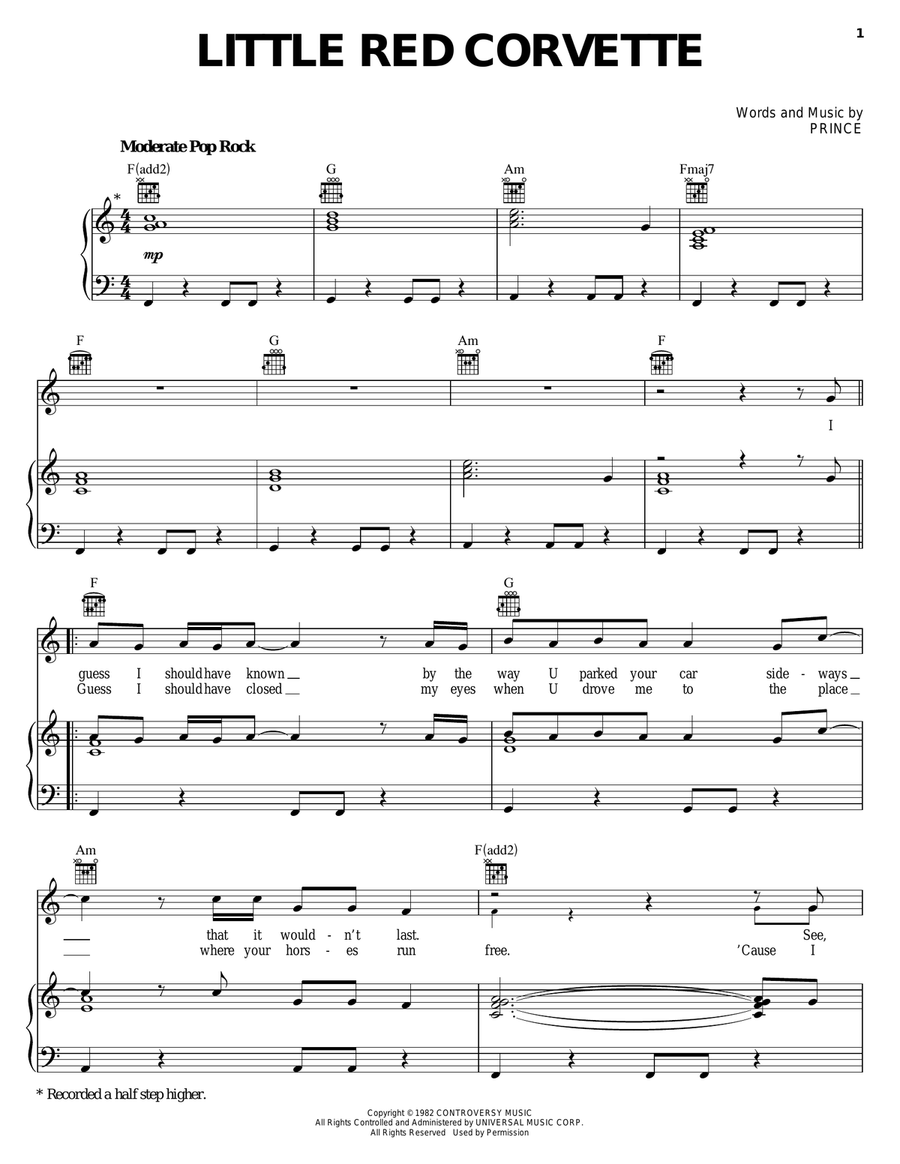 Little Red Corvette Piano, Vocal, Guitar scores gallery preview page 1