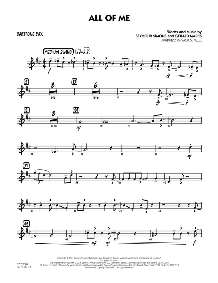 All of Me (Key: F) - Baritone Sax Baritone Saxophone scores gallery preview page 1