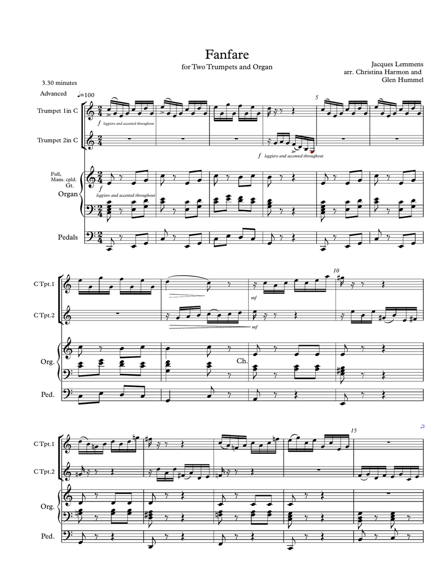 Fanfare in D Jacques Lemmens for Two Trumpets and Organ Trumpet Duet scores gallery preview page 2