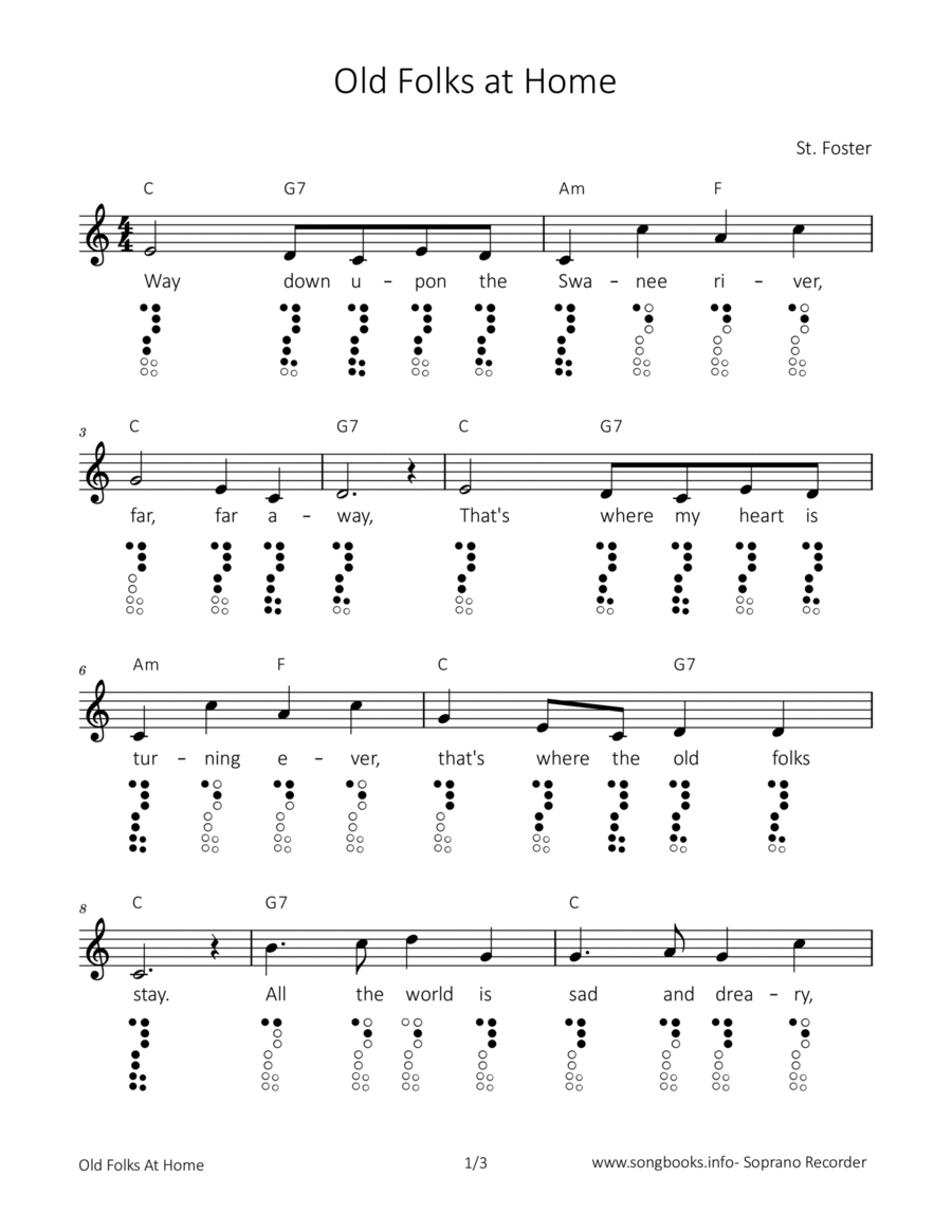 Old Folks at Home Soprano Recorder scores gallery preview page 1