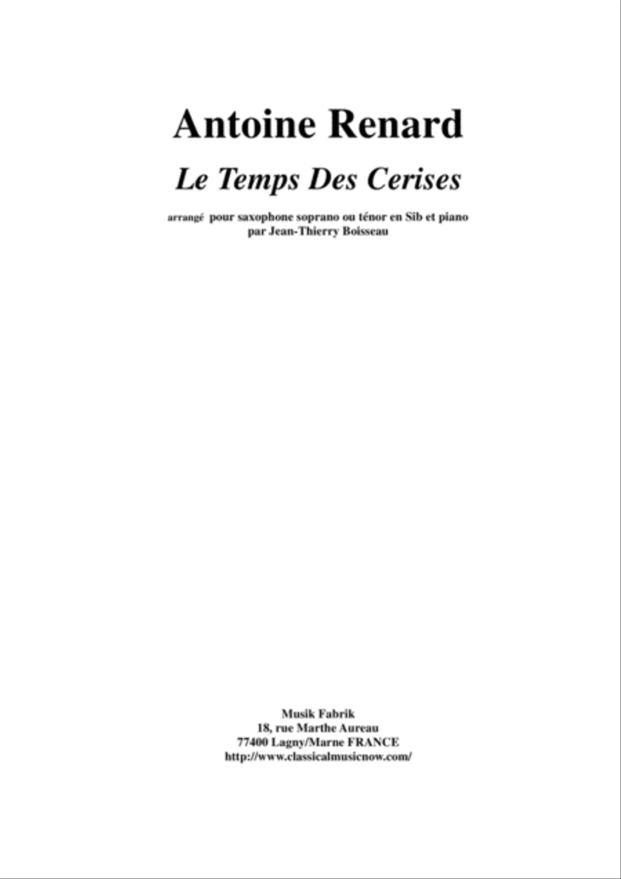 Antoine Renard: Le Temps des Cerises, arranged for Bb soprano or tenor saxophone and piano Woodwind Duet scores gallery preview page 1