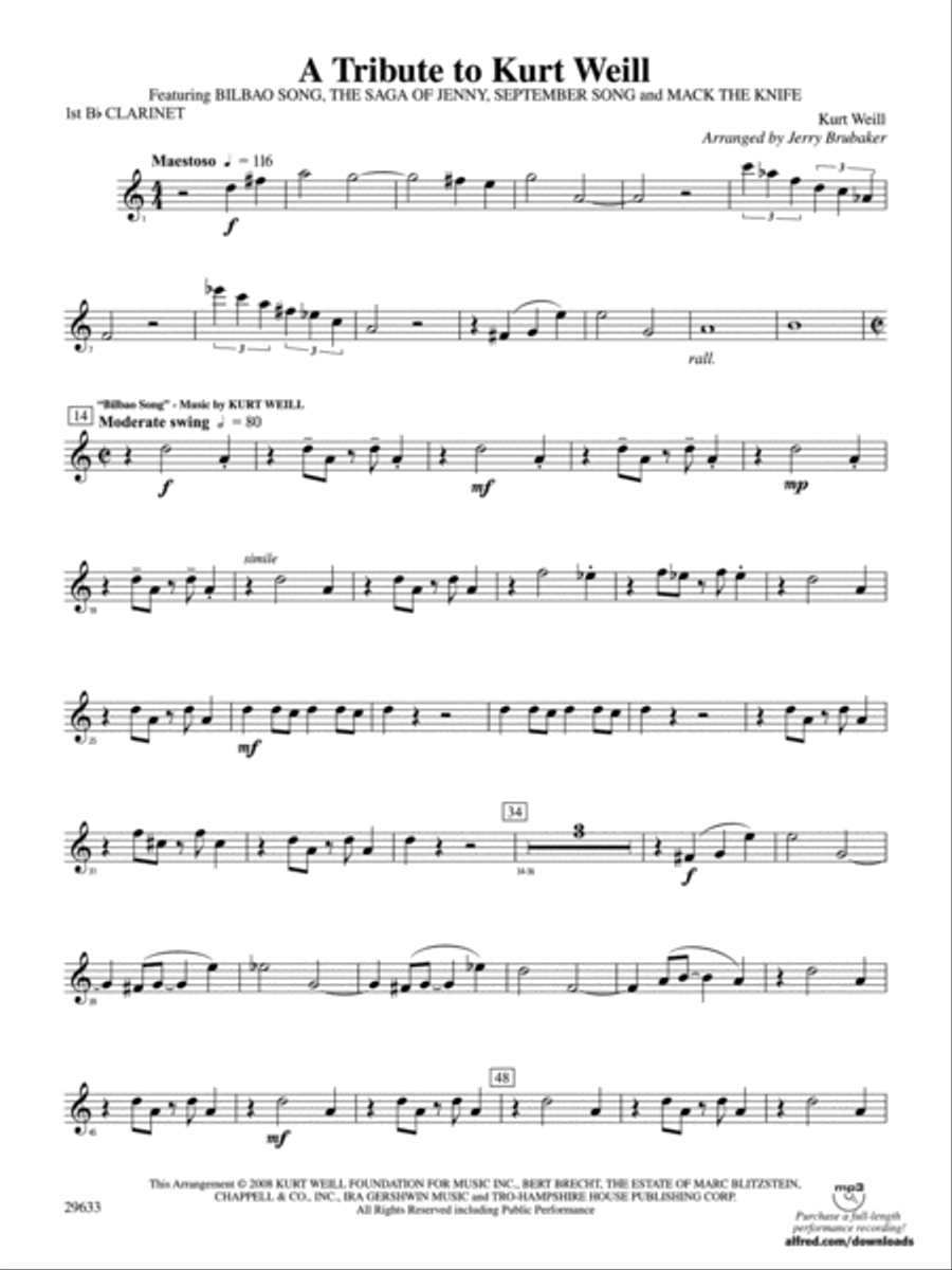 A Tribute to Kurt Weill: 1st B-flat Clarinet Concert Band scores gallery preview page 1