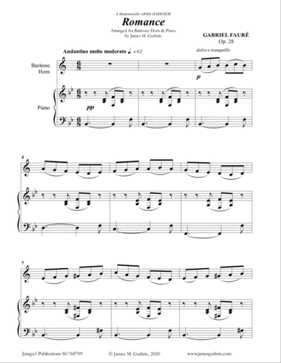 Fauré: Romance Op. 28 for Baritone Horn & Piano Baritone Horn scores gallery preview page 1