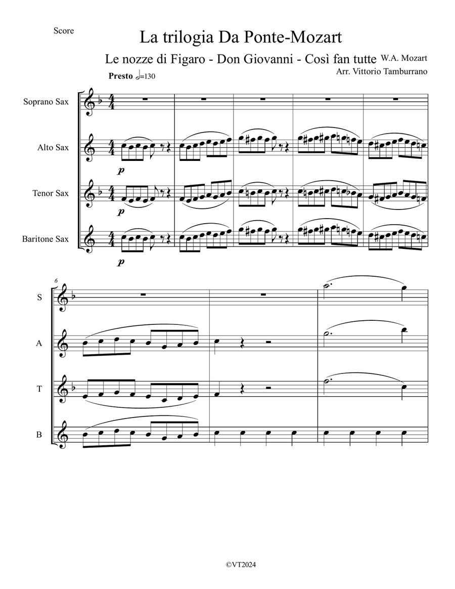 Trilogia Mozart - Da Ponte per quartetto di sassofoni Saxophone Quartet scores gallery preview page 1
