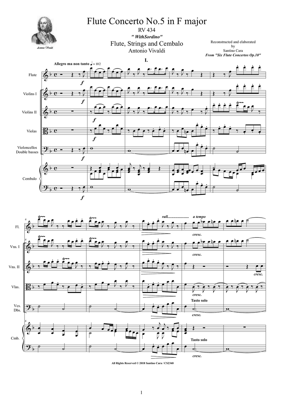 Vivaldi - Flute Concerto No.5 in F major Op.10 RV 434 for Flute, Strings and Cembalo Chamber Orchestra scores gallery preview page 1