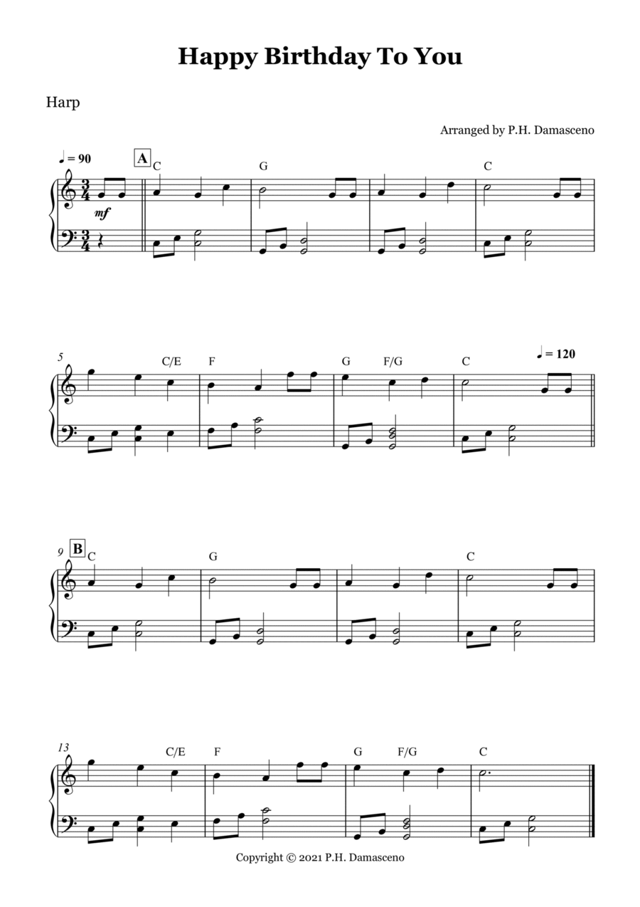 Happy Birthday To You - Harp Solo with Chords Harp scores gallery preview page 1