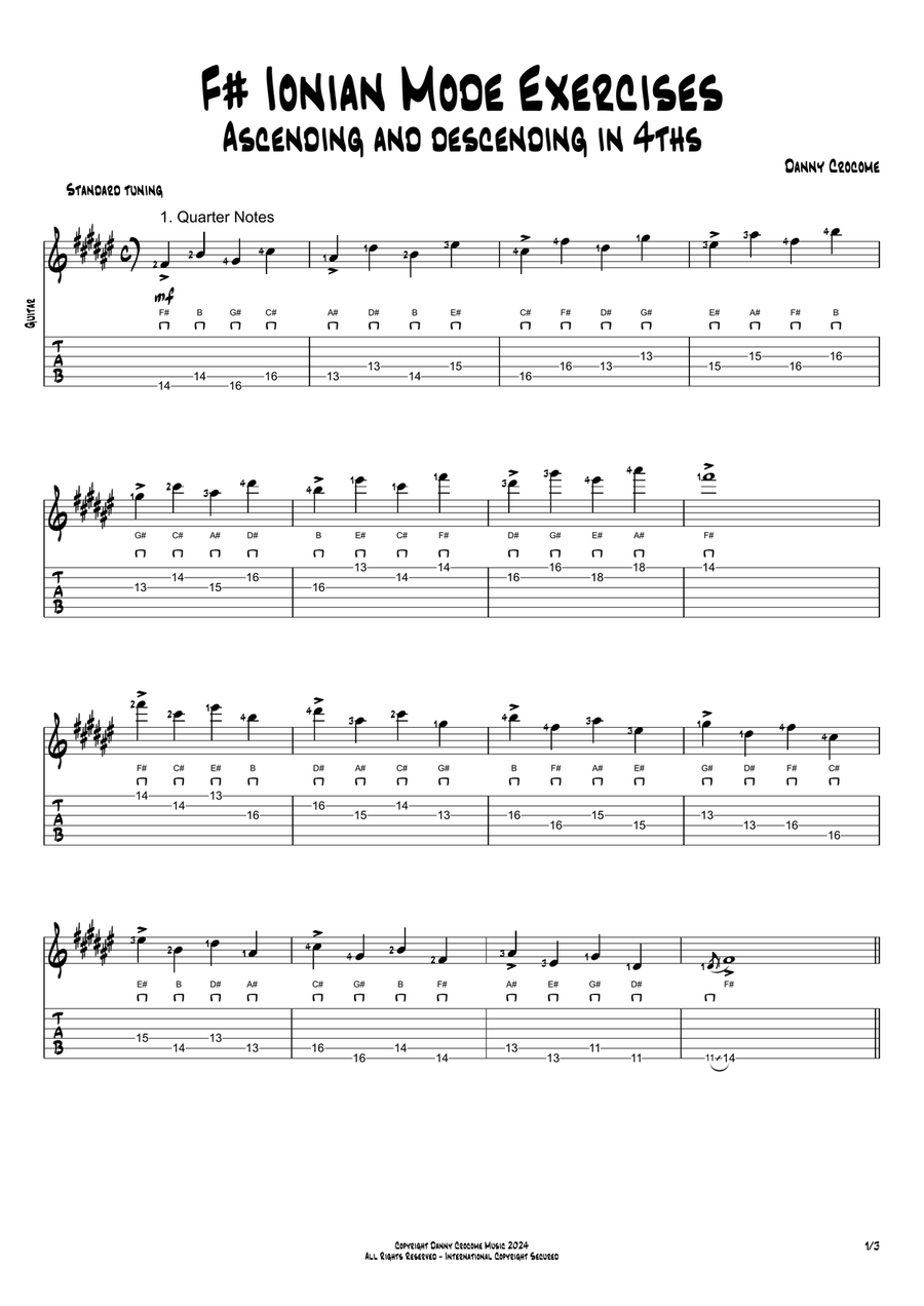 F# Ionian Mode Exercises - Ascending and Descending in 4ths Acoustic Guitar scores gallery preview page 1