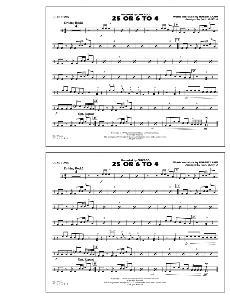 25 Or 6 To 4 - Quad Toms 25 Or 6 To 4 - Quad Toms Marching Band scores gallery preview page 1