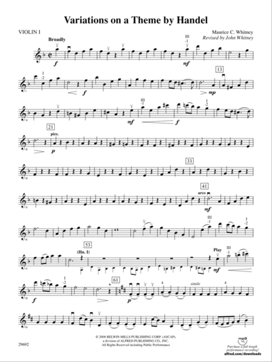 Variations on a Theme by Handel: 1st Violin Full Orchestra scores gallery preview page 1