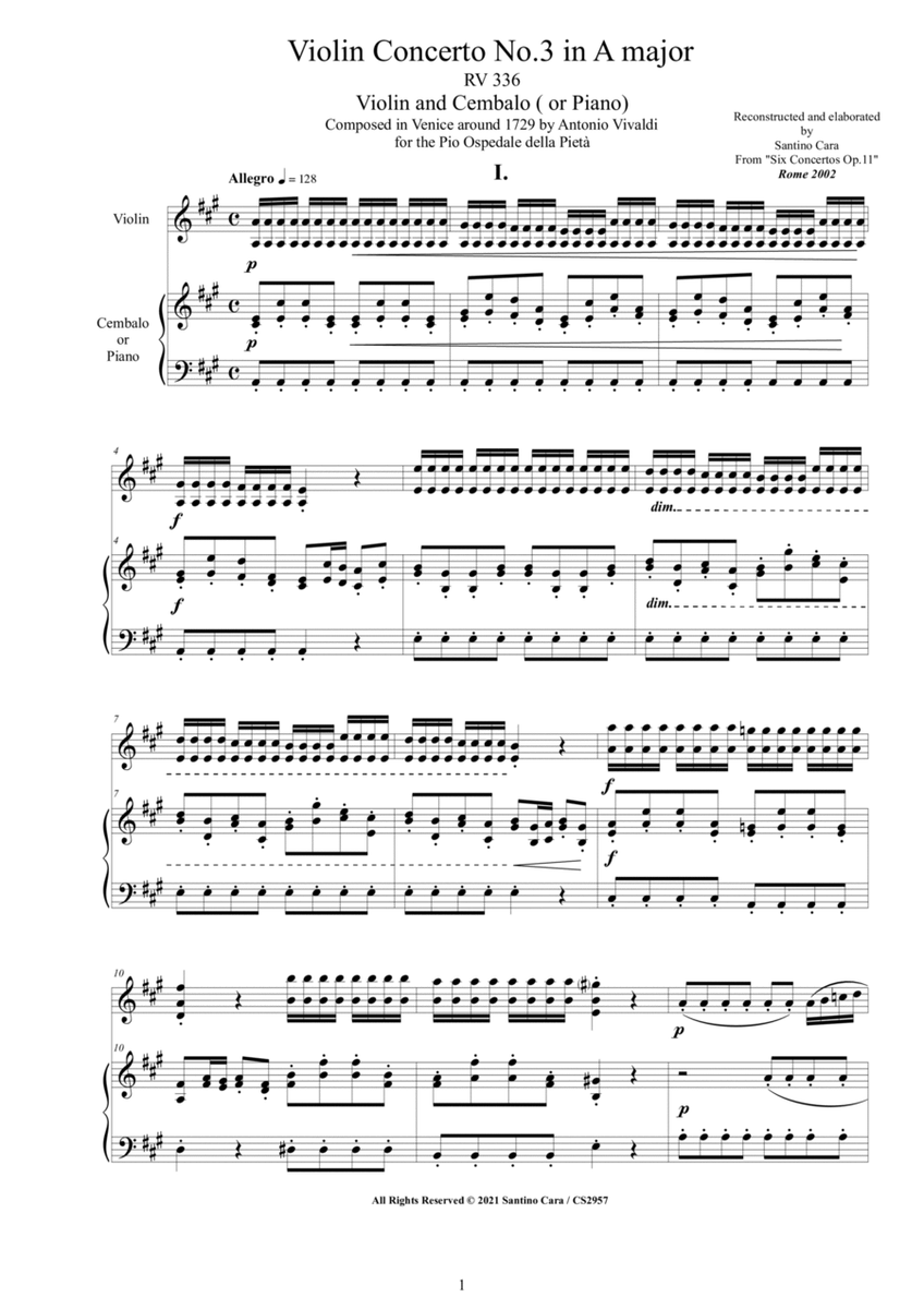 Vivaldi - Violin Concerto No.3 in A major RV 336 Op.11 for Violin and Cembalo (or Piano) image number null