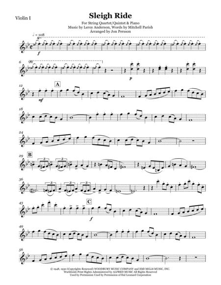 Sleigh Ride - String Quartet/Quintet & Piano - Violin 1 image number null