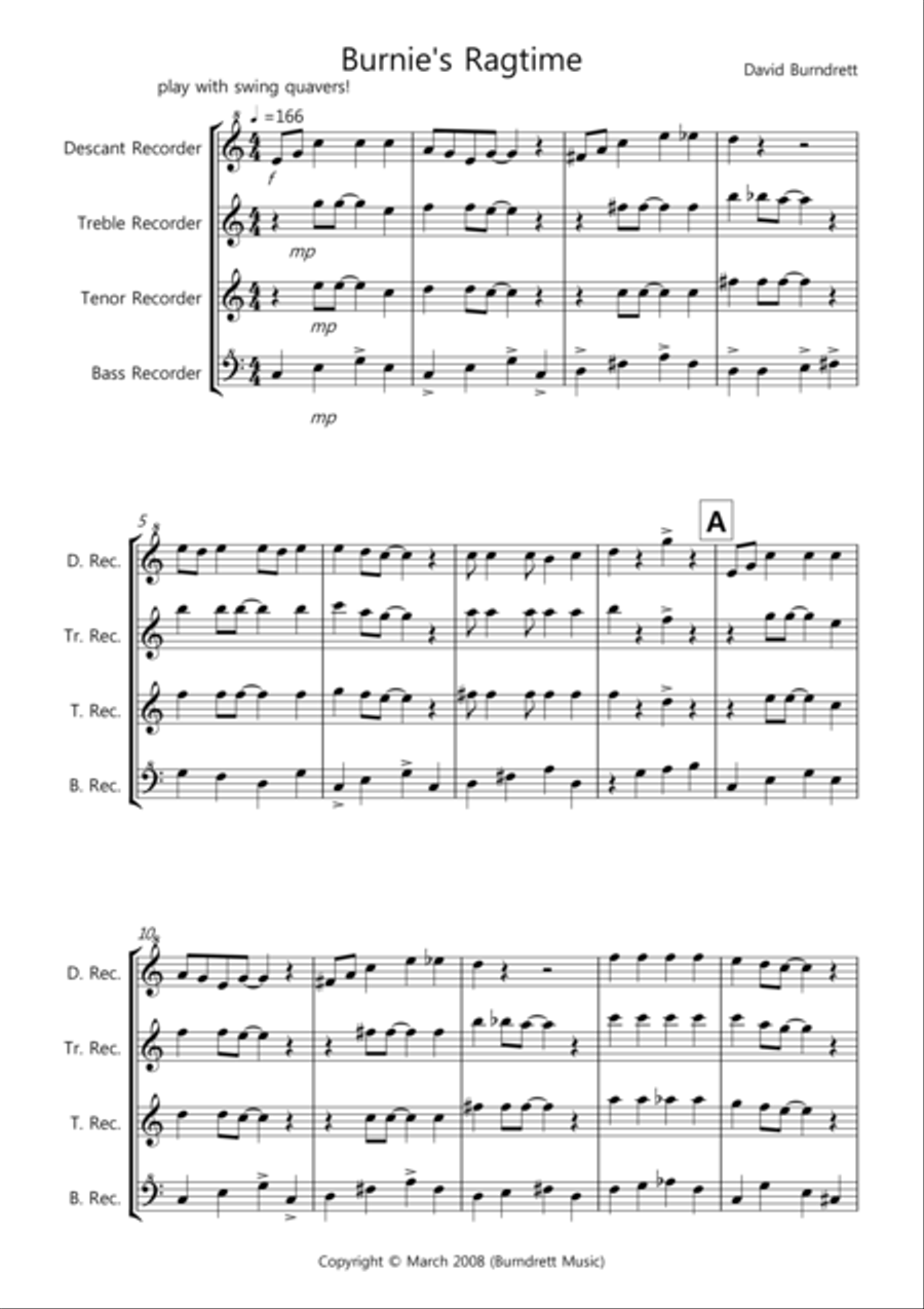Burnie's Ragtime for Recorder Quartet Recorder scores gallery preview page 1