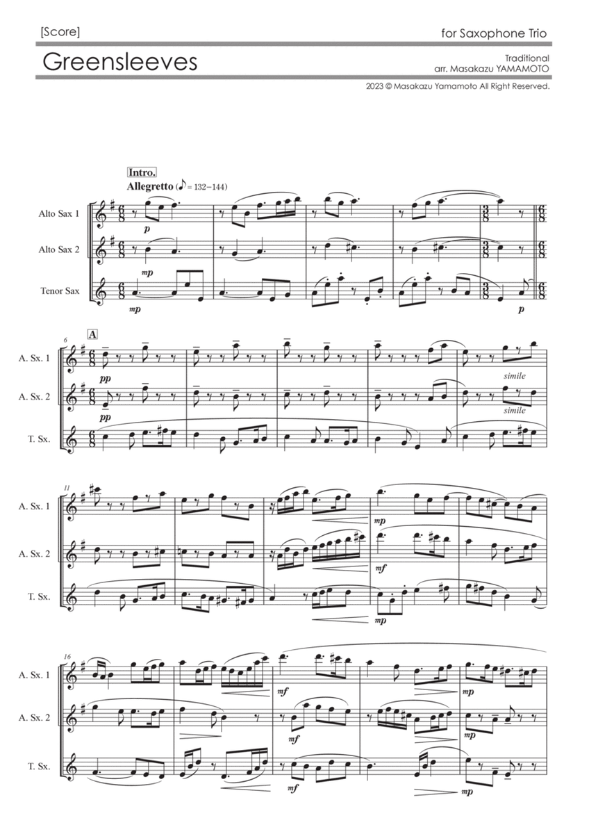 Greensleeves [Saxophone Trio] - Score Only image number null