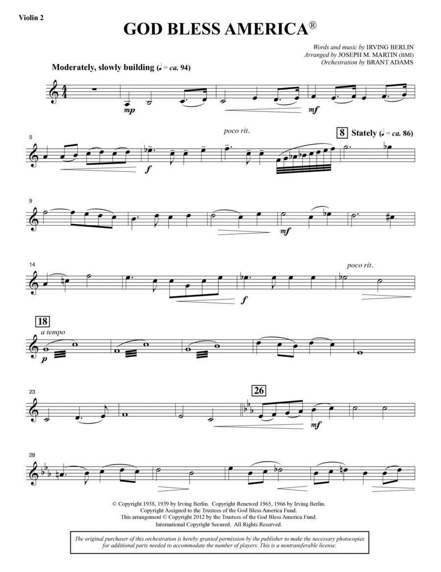 God Bless America - Violin 2 Choir scores gallery preview page 1