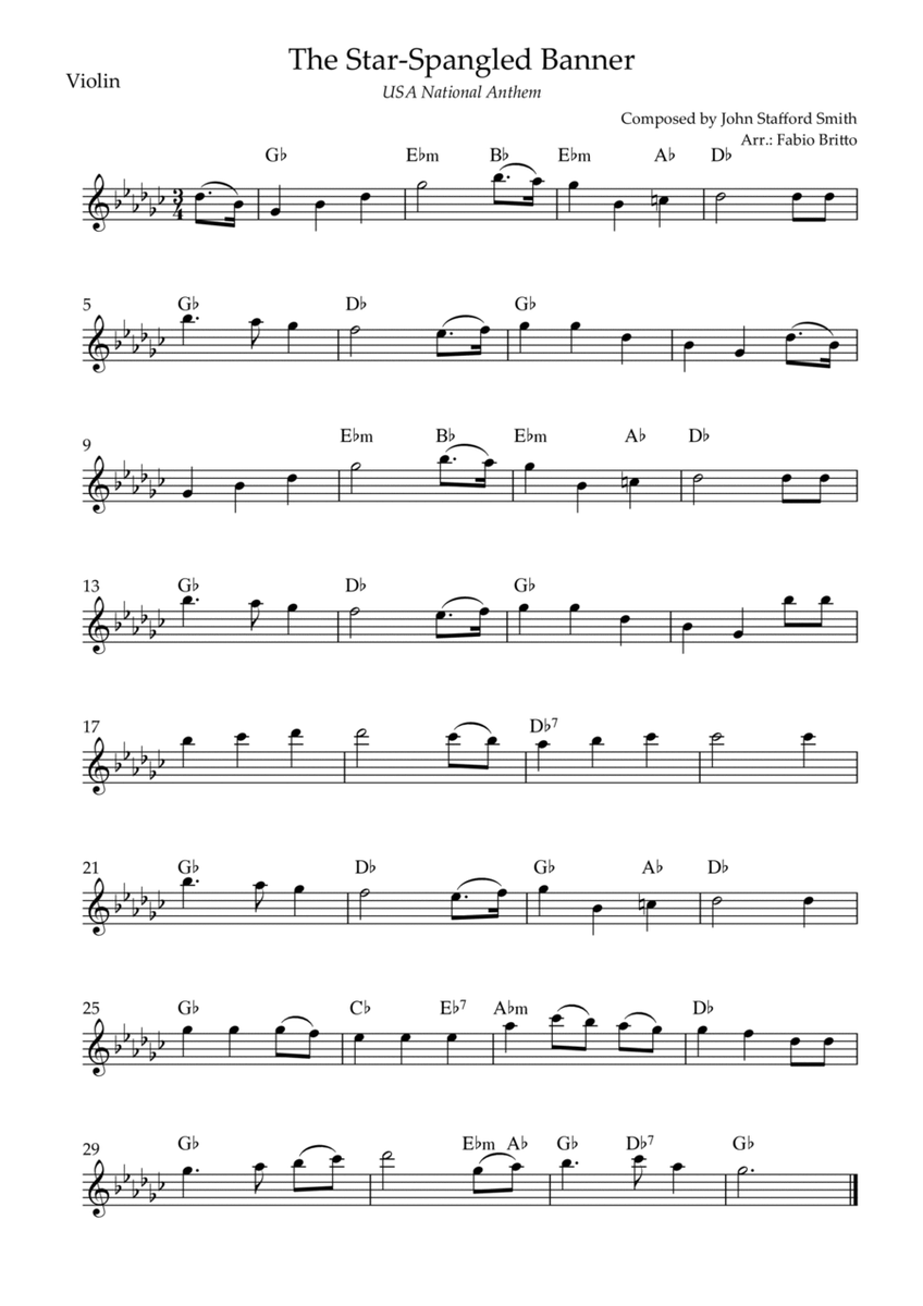 The Star Spangled Banner (USA National Anthem) for Violin Solo with Chords (Gb Major)