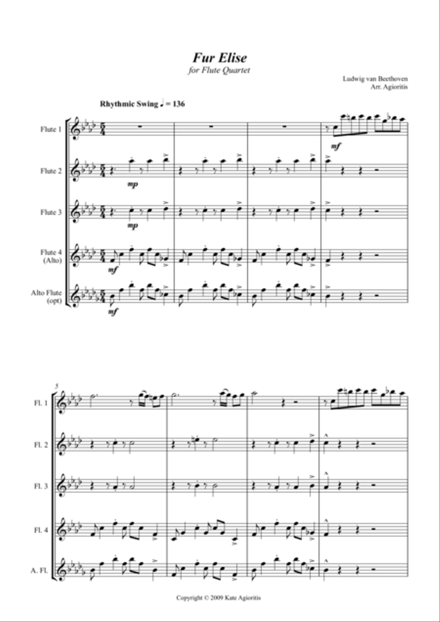 Fur Elise - Jazz Arrangement for Flute Quartet Flute Quartet scores gallery preview page 1