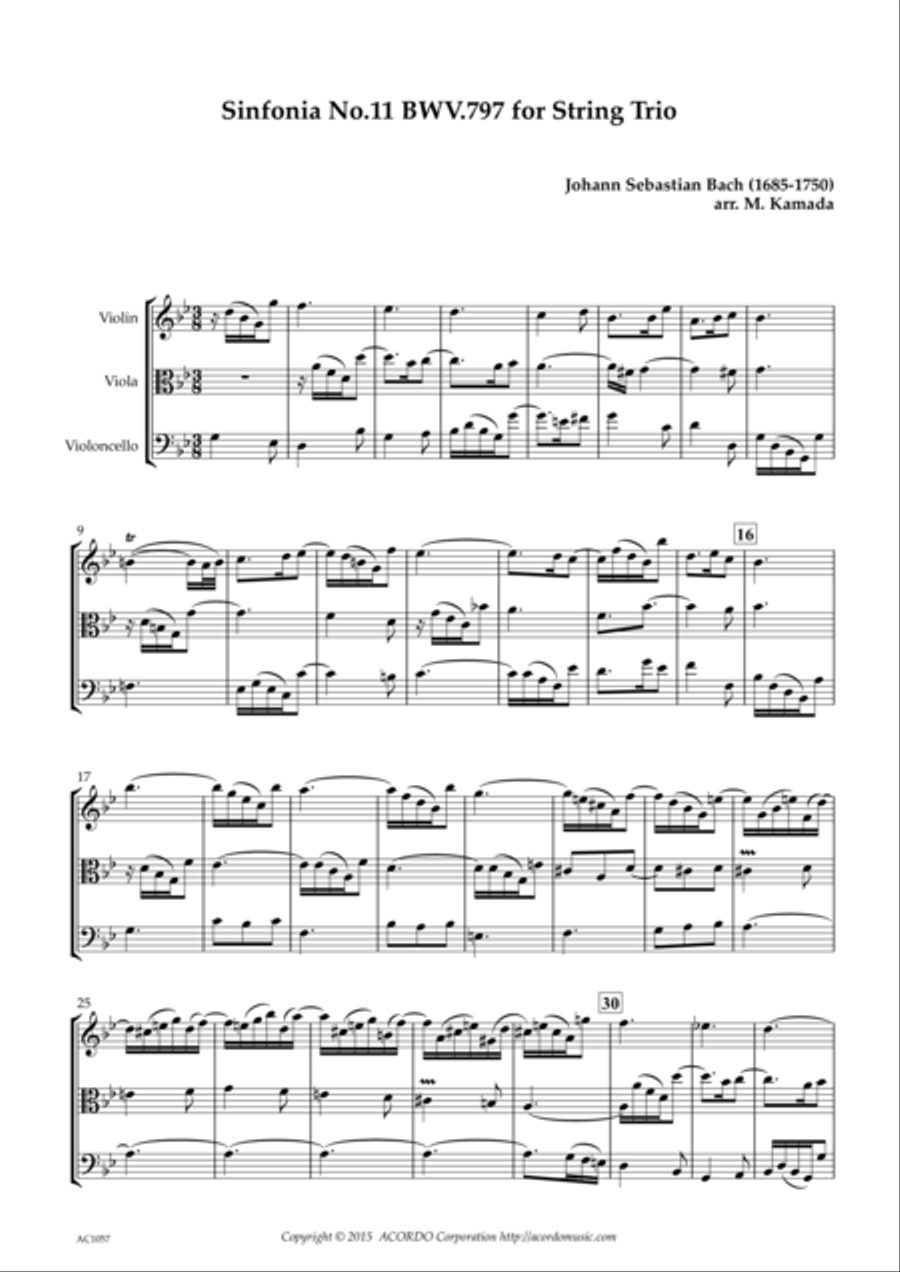 Sinfonia No.11 BWV.797 for String Trio String Trio scores gallery preview page 1