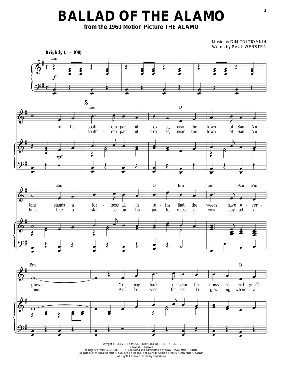 Ballad Of The Alamo Piano, Vocal, Guitar scores gallery preview page 1