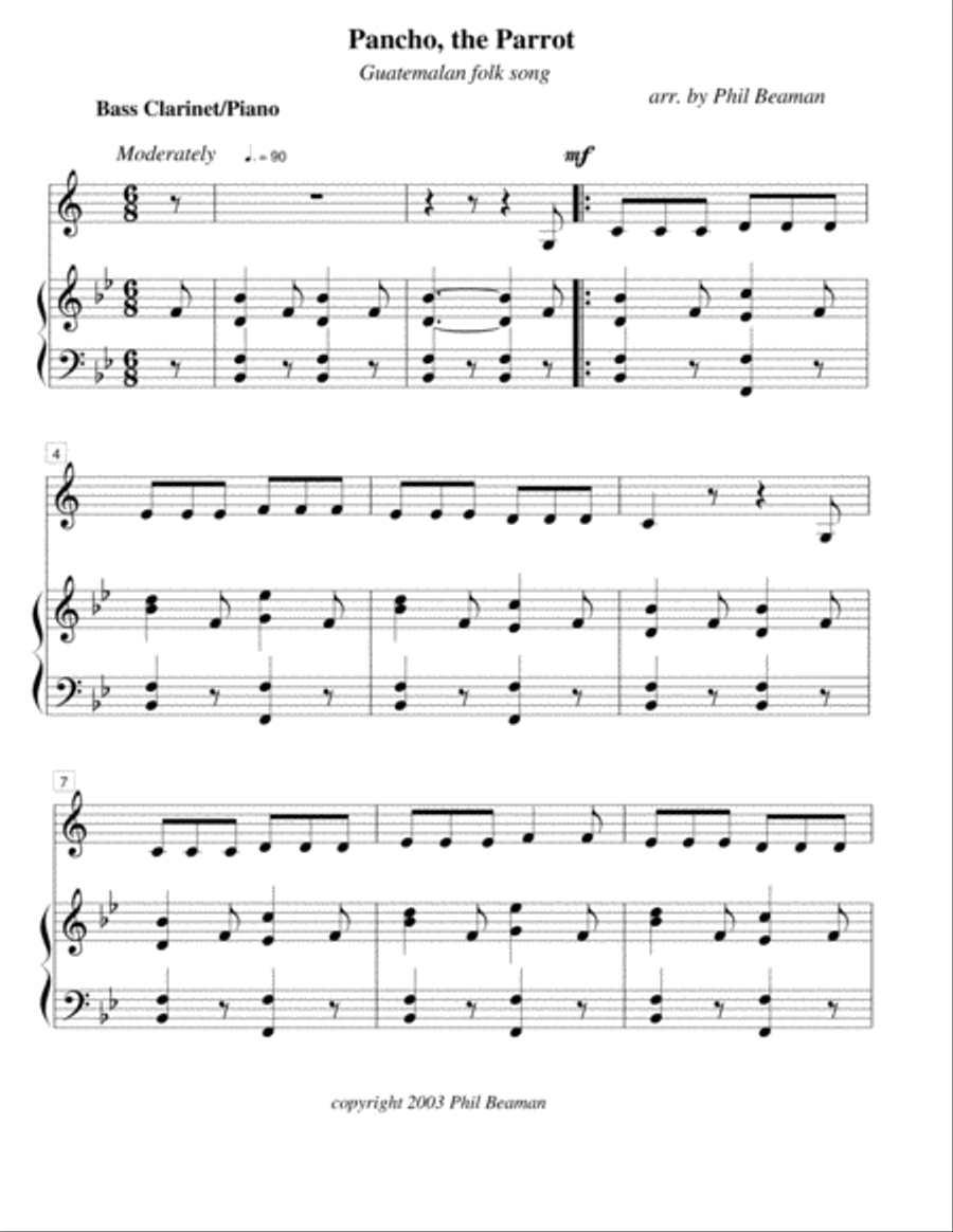 Pancho, the Parrot-bass clarinet and piano Bass Clarinet scores gallery preview page 1