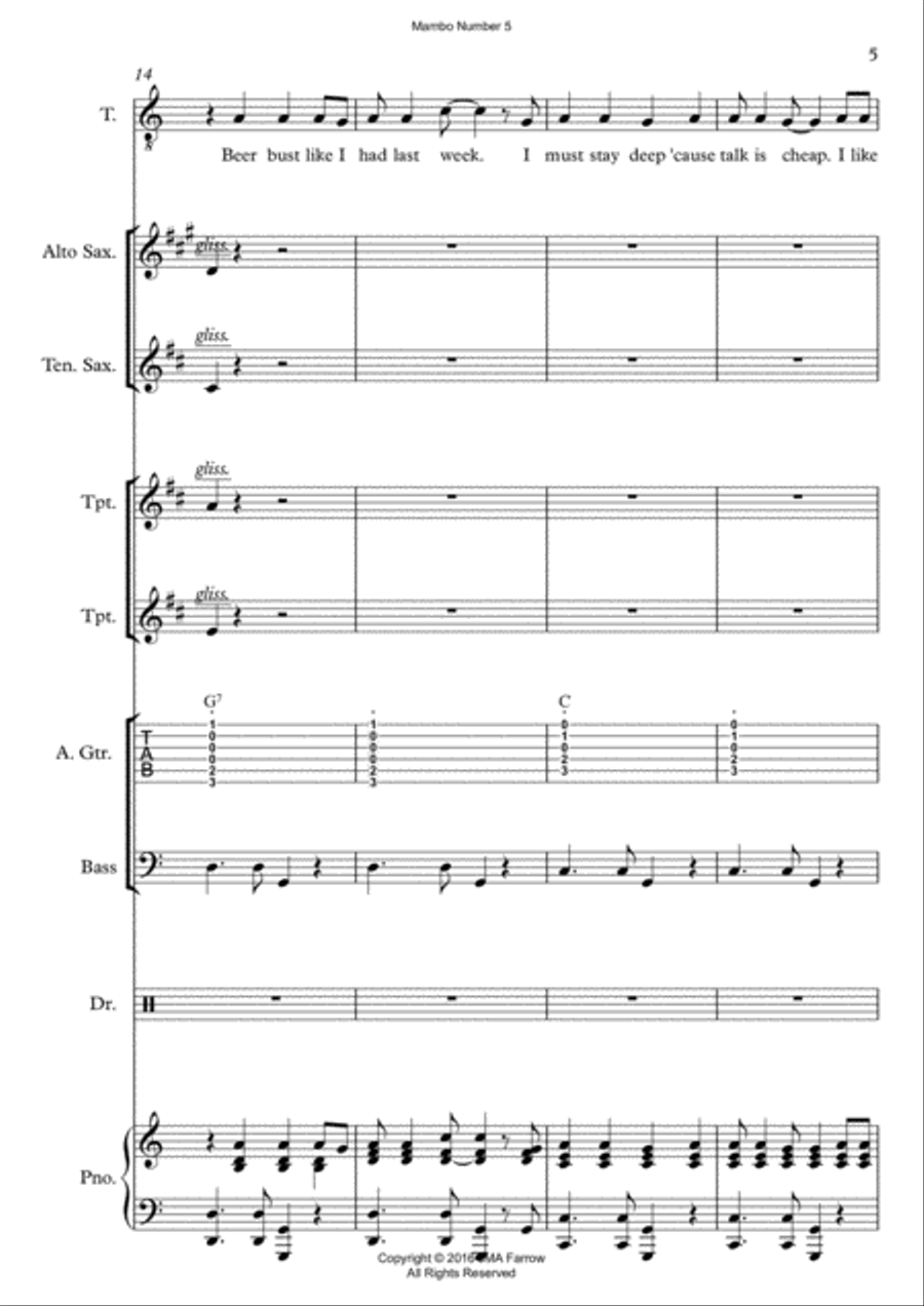 Mambo Number 5 by Perez Prado and Lou Bega Unison Choir scores gallery preview page 5