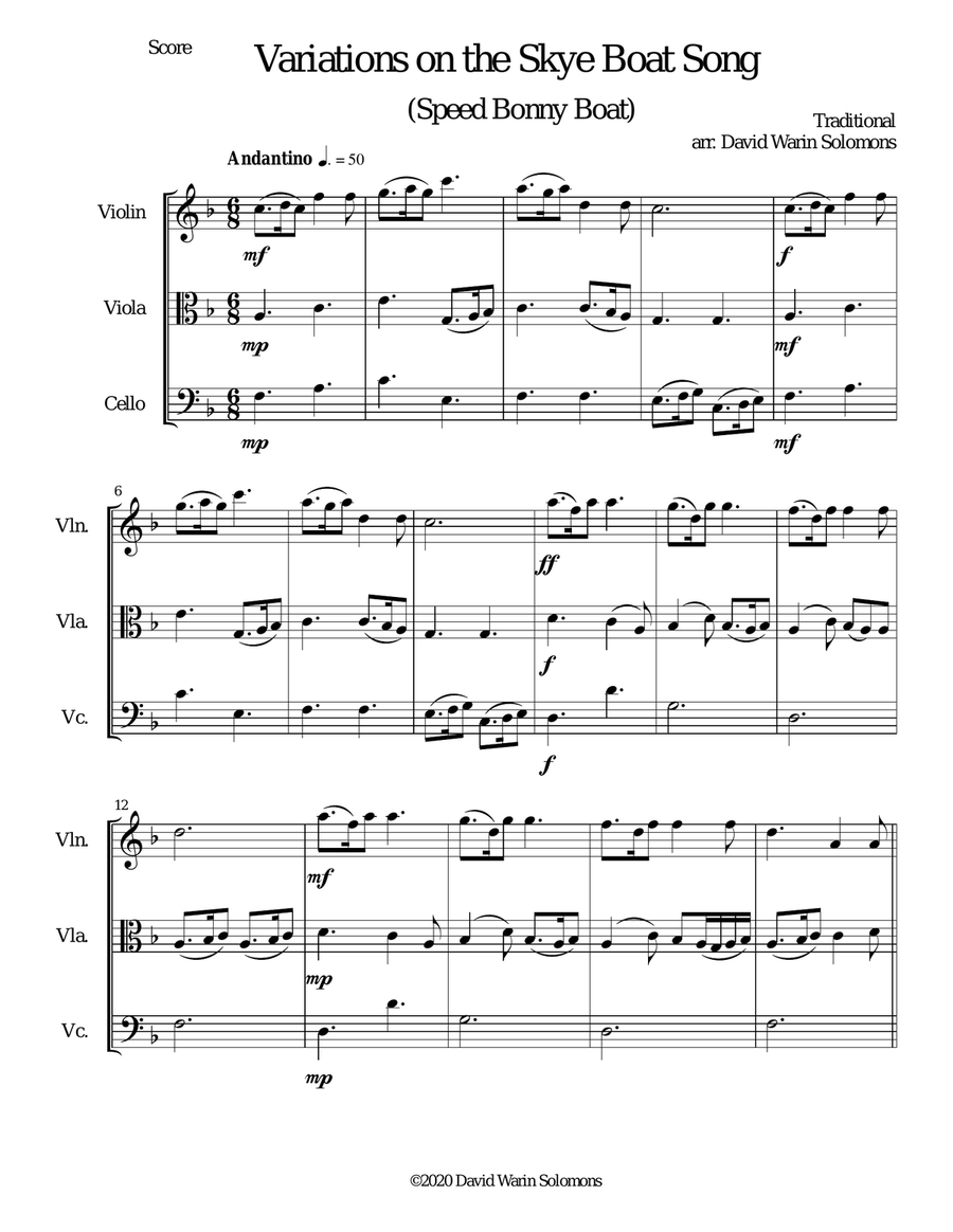 Variations on The Skye Boat Song (Speed bonnie boat) for string trio String Trio scores gallery preview page 1