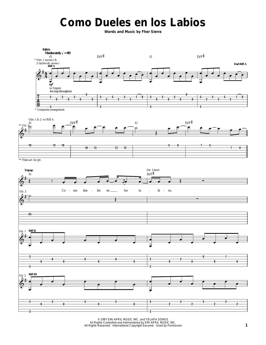 Como Dueles En Los Labios Acoustic Guitar scores gallery preview page 1