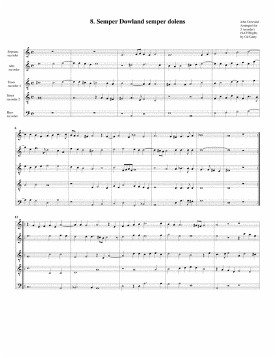 Semper Dowland semper dolens (8, 1604) (arrangement for 5 recorders) Recorder scores gallery preview page 1