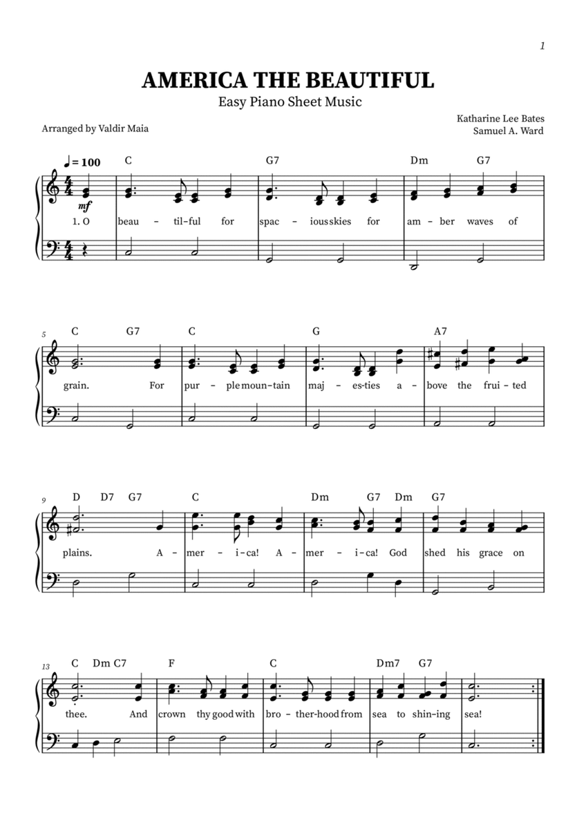 America The Beautiful - Easy Piano (with lyrics and chords) image number null