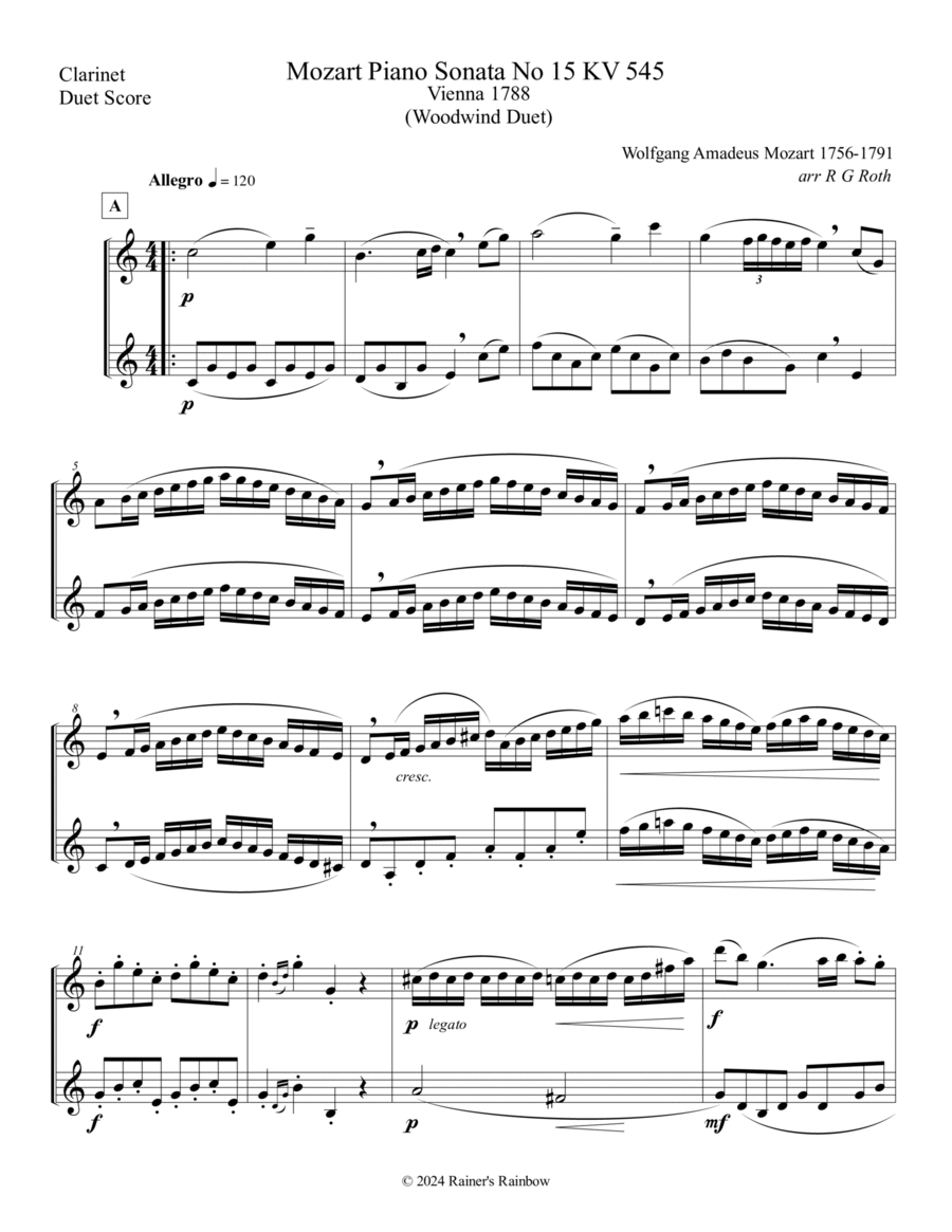 Mozart 1788 KV 545 Piano Sonata Clarinet Duet Score Parts Clarinet Duet scores gallery preview page 1