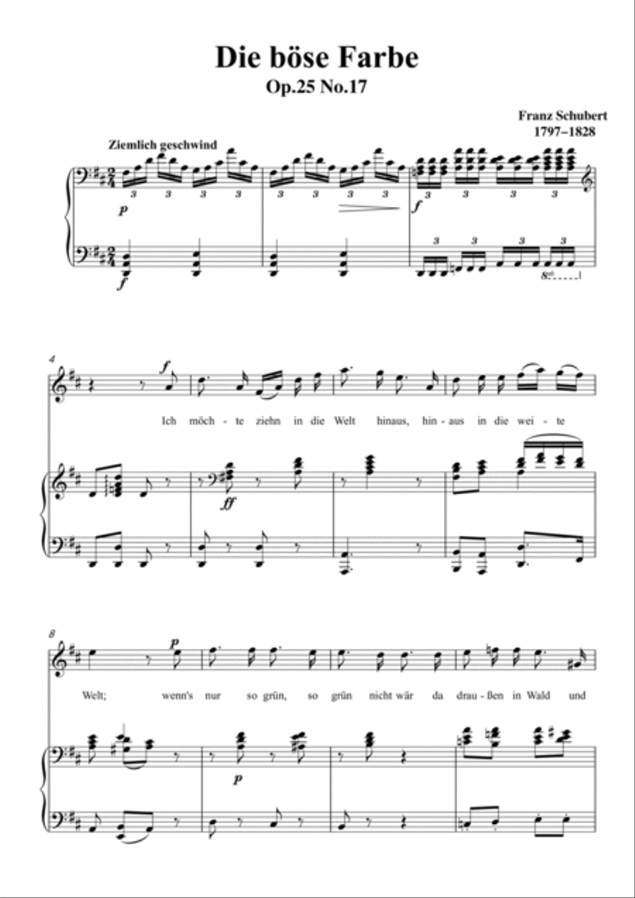 Schubert-Die böse Farbe,from 'Die Schöne Müllerin',Op.25 No.17 in D for Vocal and Piano Voice scores gallery preview page 2