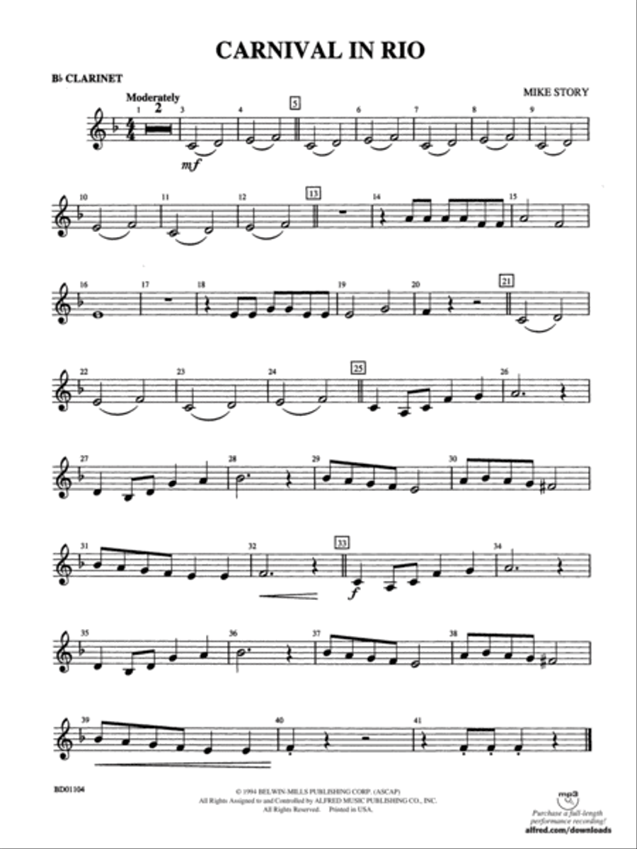 Carnival in Rio: 1st B-flat Clarinet Concert Band scores gallery preview page 1