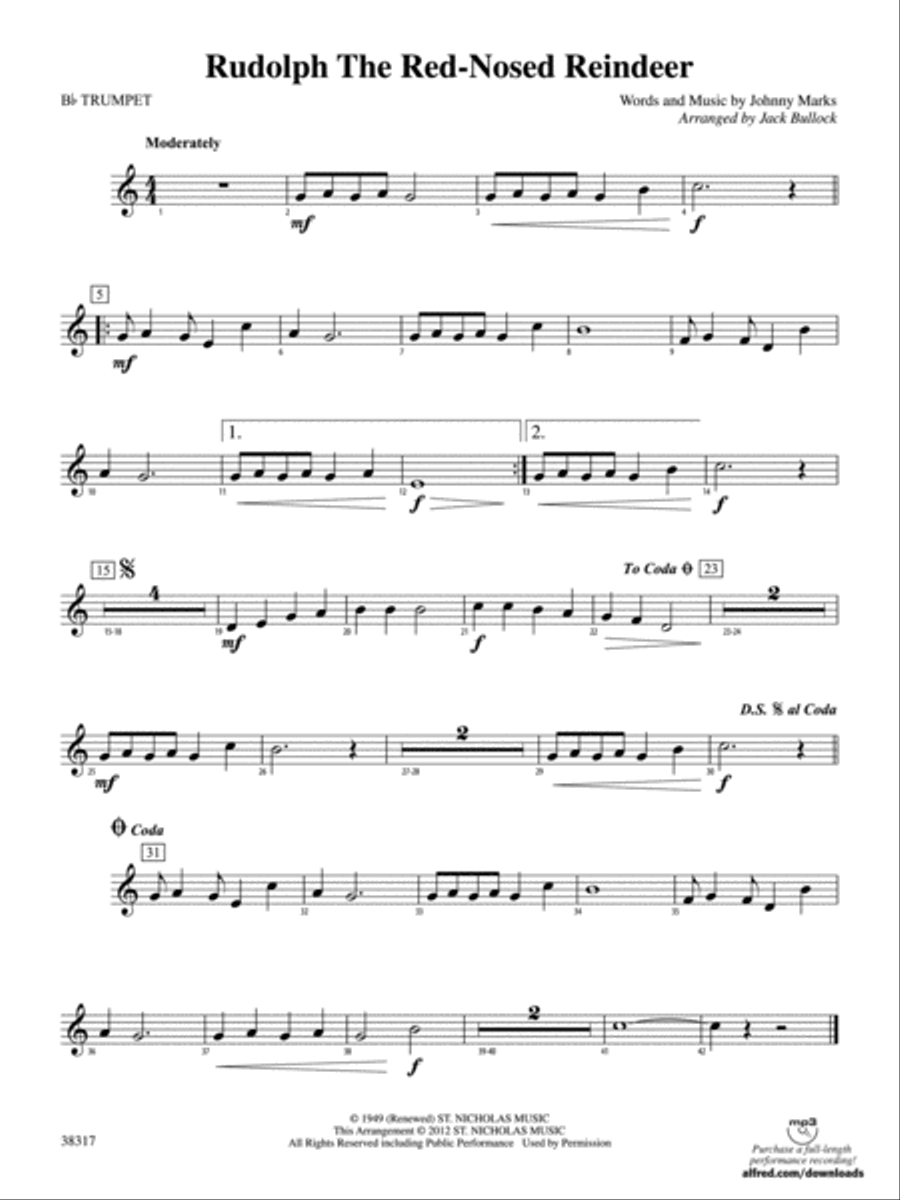 Rudolph the Red-Nosed Reindeer: 1st B-flat Trumpet Concert Band scores gallery preview page 1
