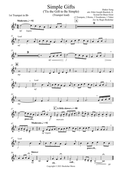 Simple Gifts ('Tis the Gift to Be Simple) (F) (Brass Octet - 3 Trp, 2 Hrn, 2 Trb, 1 Tuba) (Trumpet l Horn - Digital Sheet Music