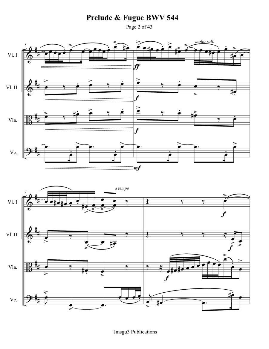 Bach: Prelude & Fugue in B Minor BWV 544 for String Quartet String Quartet scores gallery preview page 2