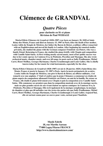Clémenace de Grandval: Quatre Pièces (Four Pieces) for Bb clarinet and pIano