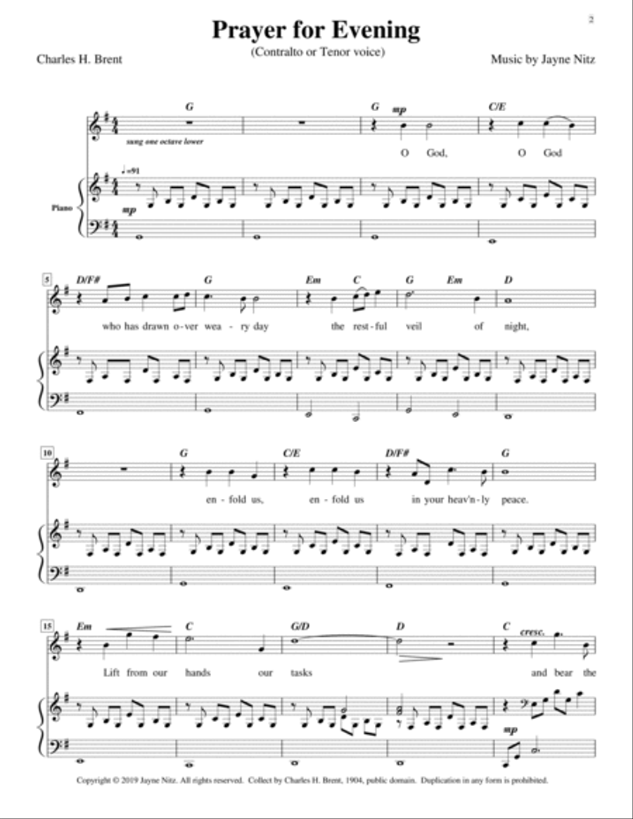 Prayer for Evening (Contralto or Tenor Voice) Tenor Voice scores gallery preview page 2