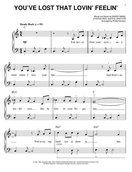 You've Lost That Lovin' Feelin' (arr. Phillip Keveren) by The Righteous Brothers Easy Piano - Digital Sheet Music