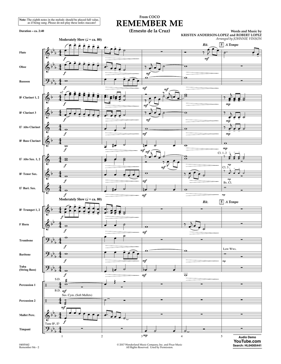 Remember Me (from Coco) (arr. Johnnie Vinson) - Conductor Score (Full Score) Concert Band scores gallery preview page 2
