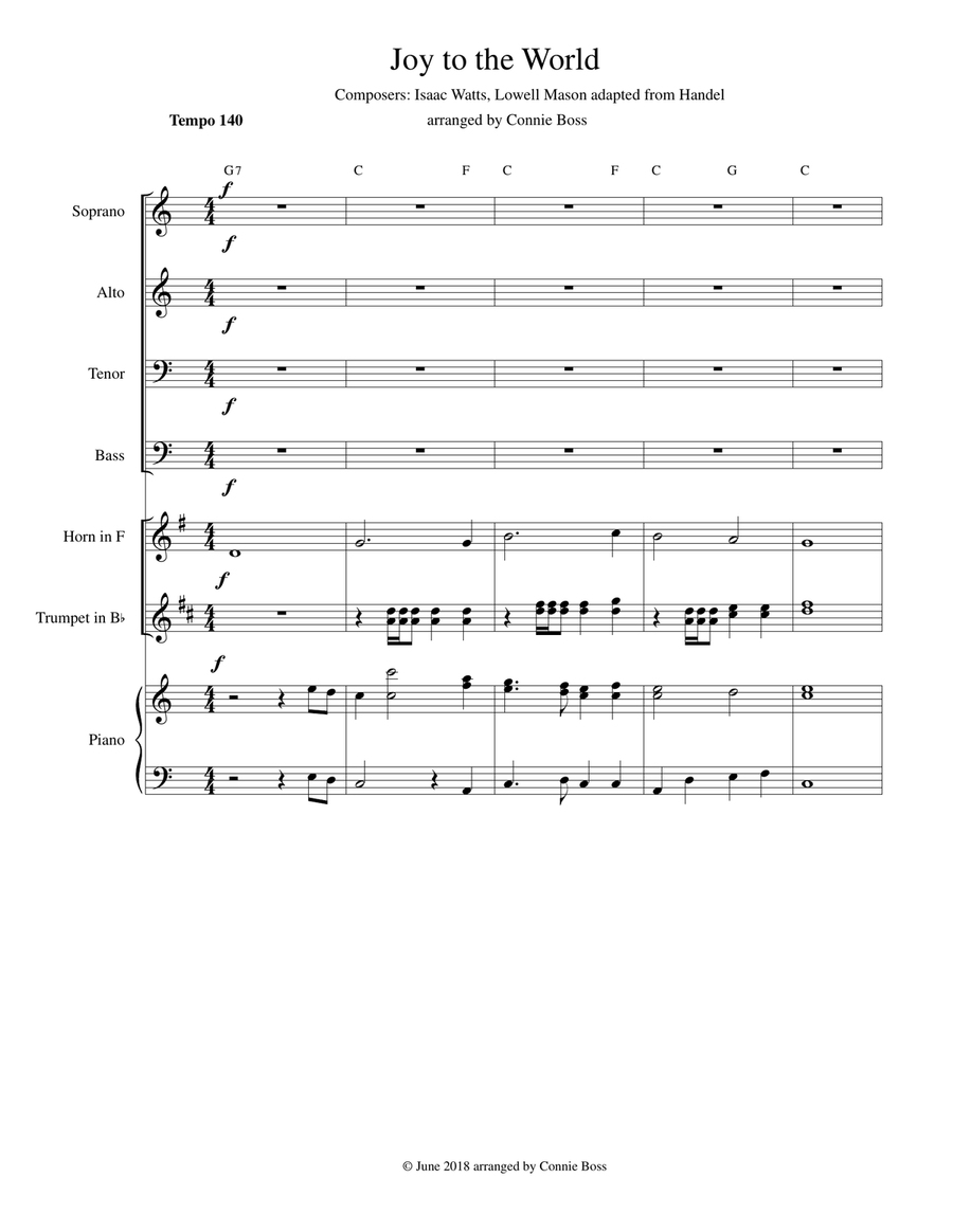Joy to the World - SATB with brass instruments and piano 4-Part scores gallery preview page 1