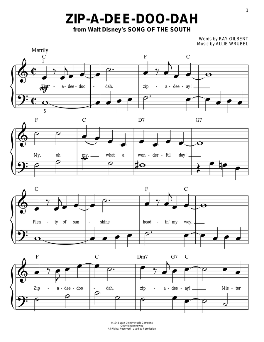 Zip-A-Dee-Doo-Dah (from Song Of The South) Easy Piano scores gallery preview page 1