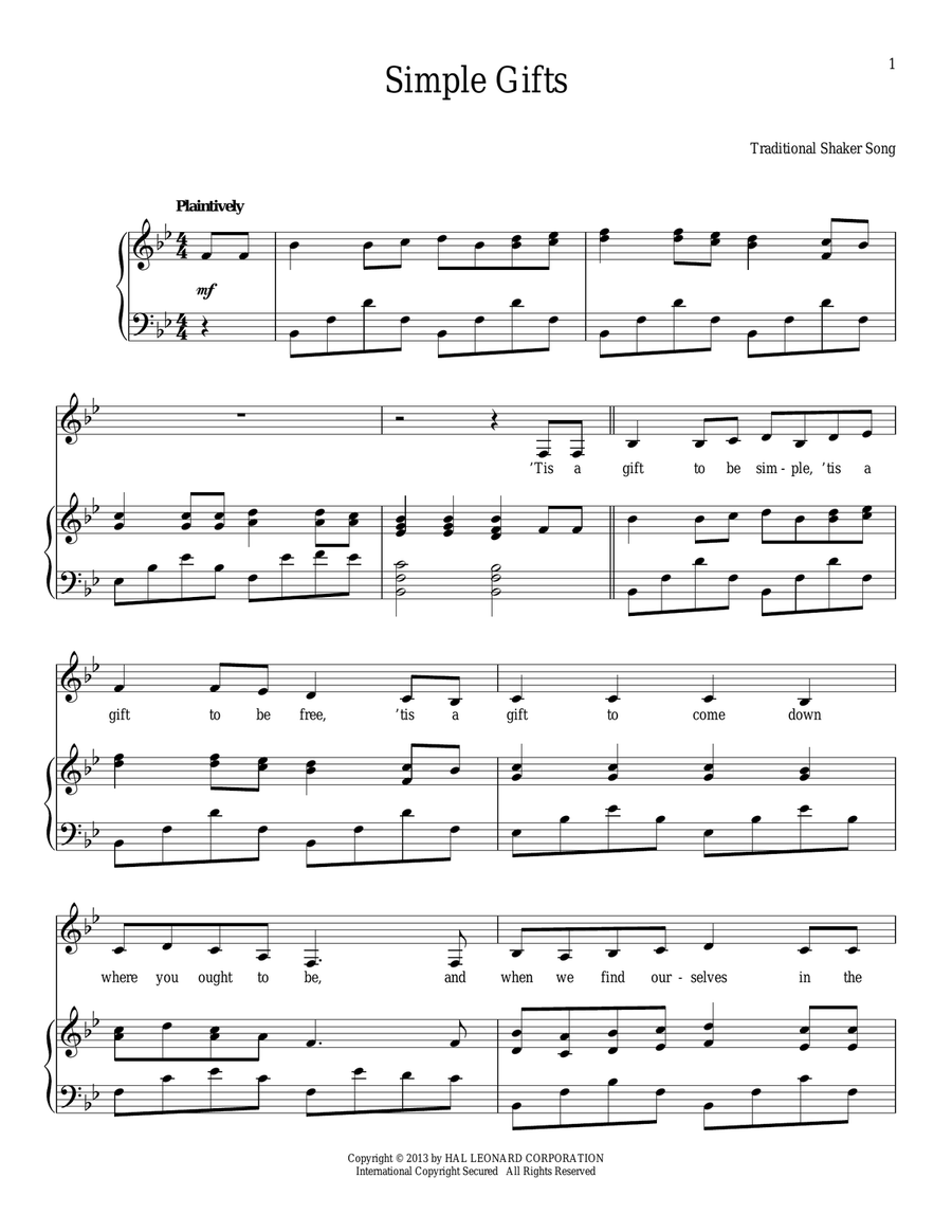 Simple Gifts Simple Gifts Piano, Vocal scores gallery preview page 1