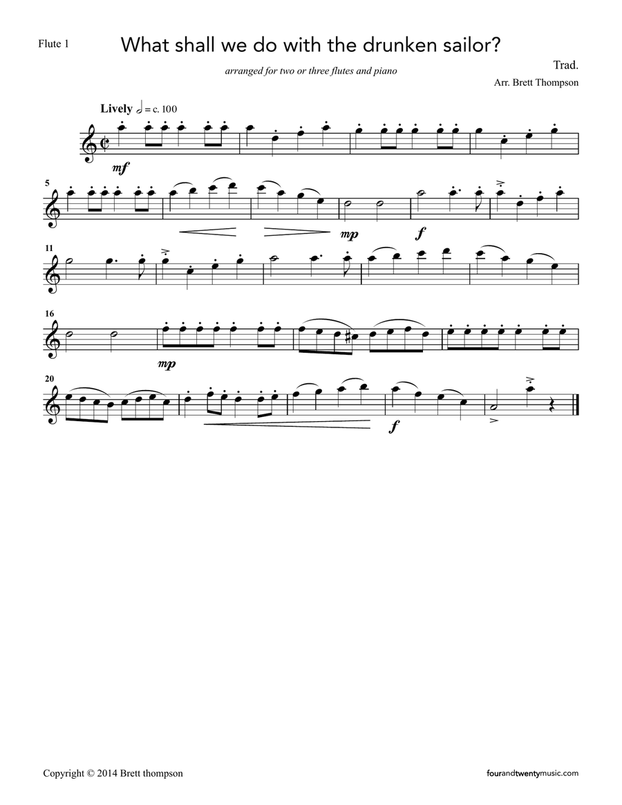 What shall we do with the drunken sailor? for two or three flutes and piano Small Ensemble scores gallery preview page 3