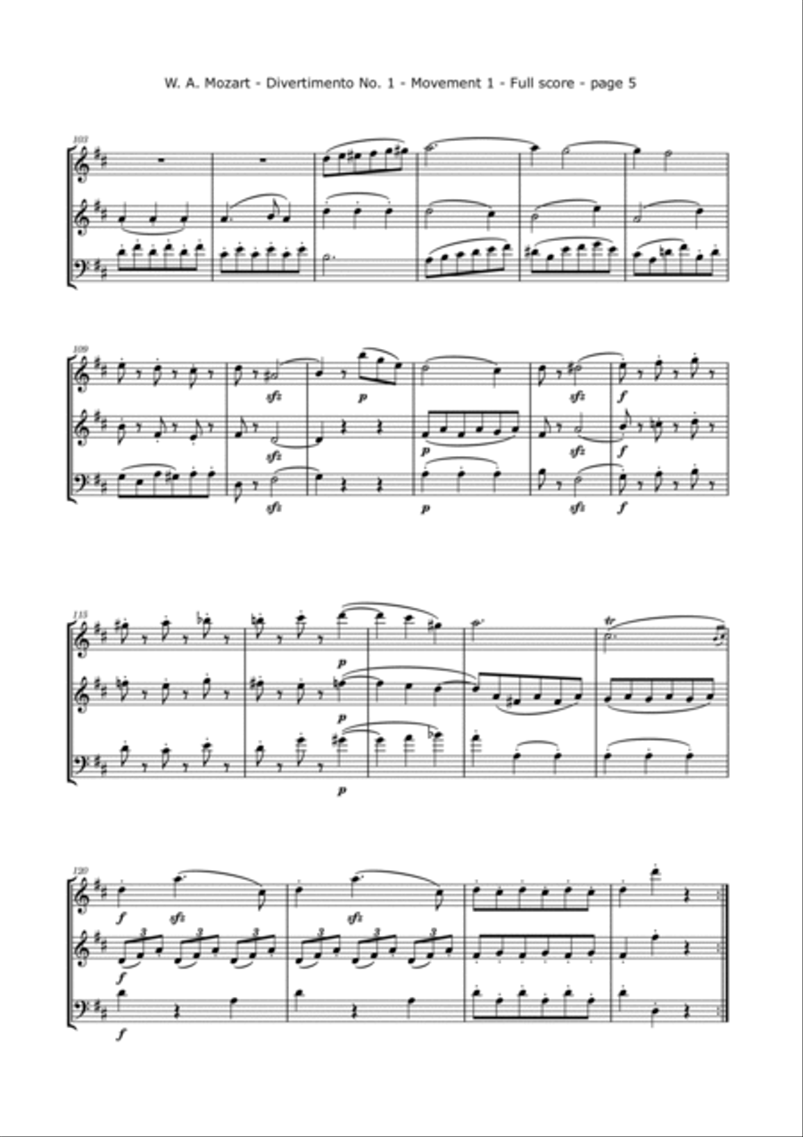 Mozart, W. - Divertimento No. 1 K. 229, Arranged for 2 Violins and Cello String Trio scores gallery preview page 6