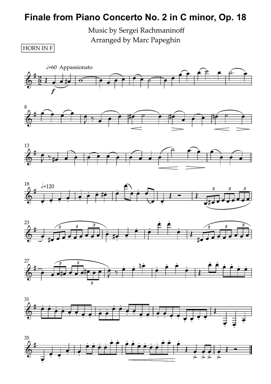 Finale from Piano Concerto No. 2 in C minor, Op. 18 || French Horn Arrangement Piano scores gallery preview page 1